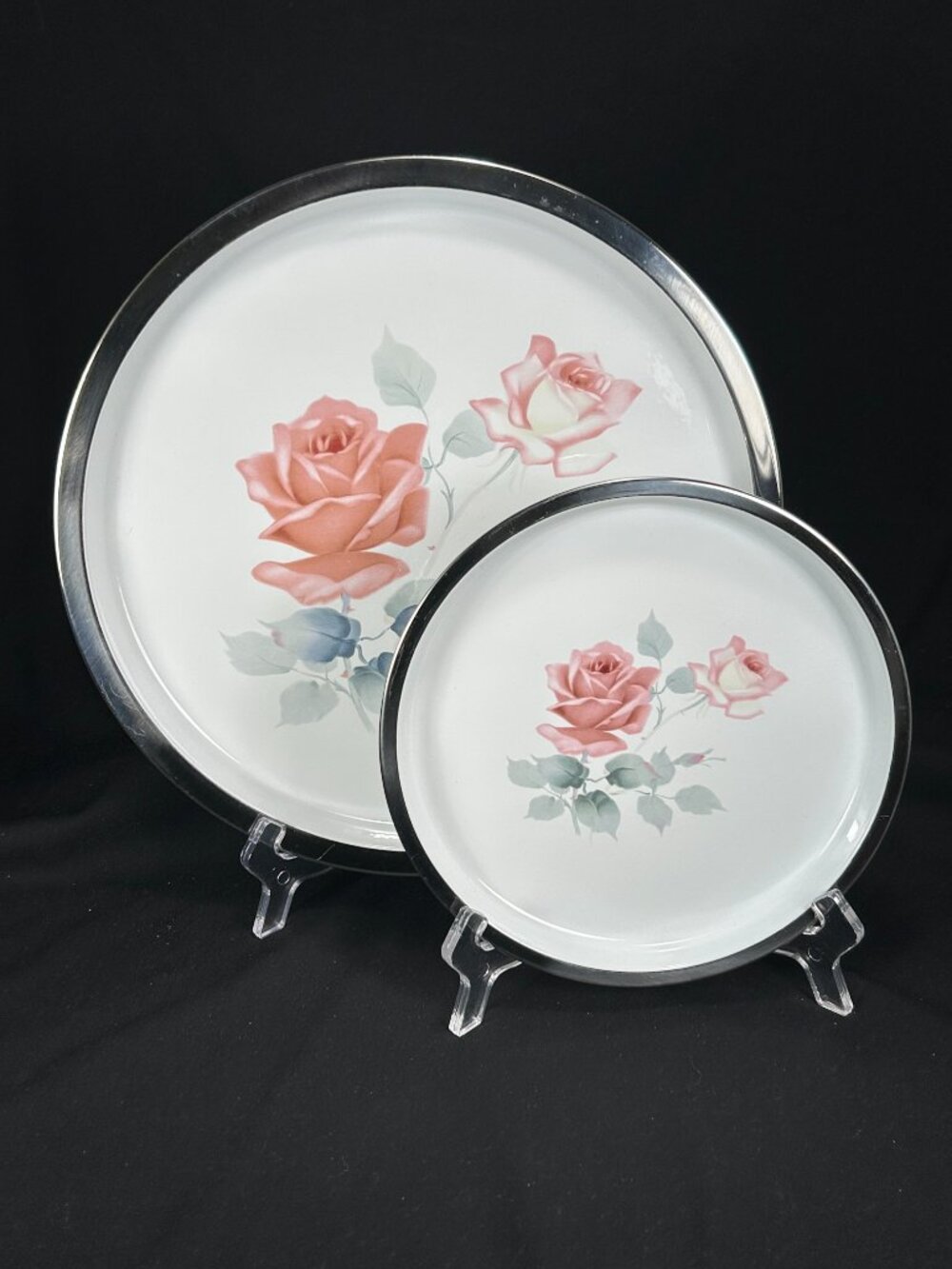 2 vintage made in Japan edged stainless steel serving plates